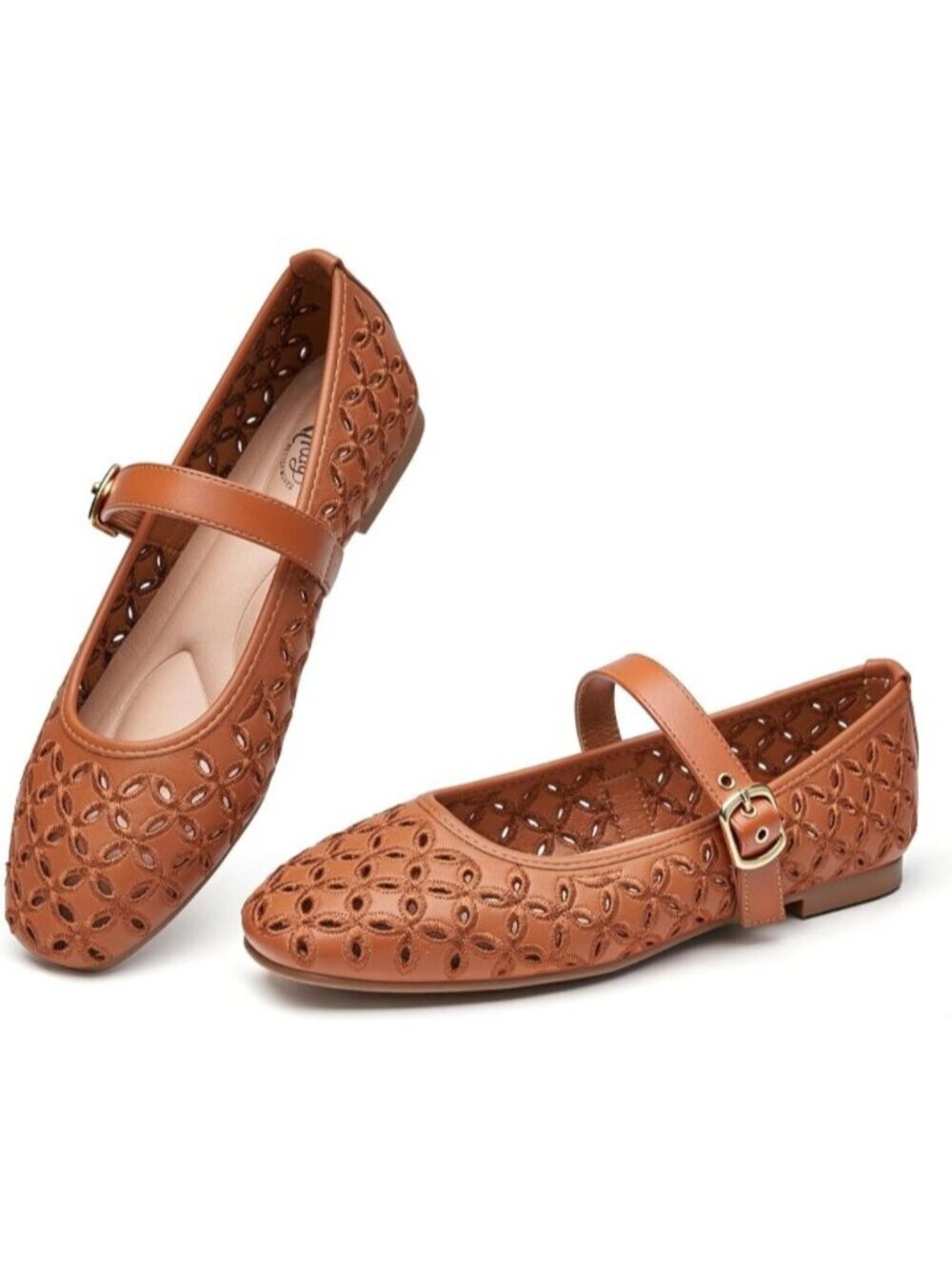 Women's Brown Mary Jane Hollow Flats Round Toe Ankle Strap Comfortable Shoes